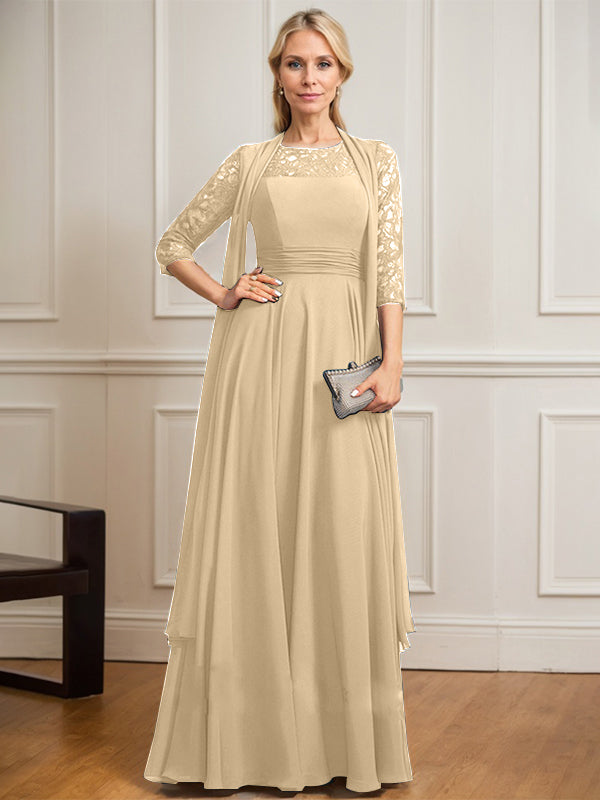 A-line Scoop Illusion Floor-Length Lace Chiffon Mother of the Bride Dress With Pleated
