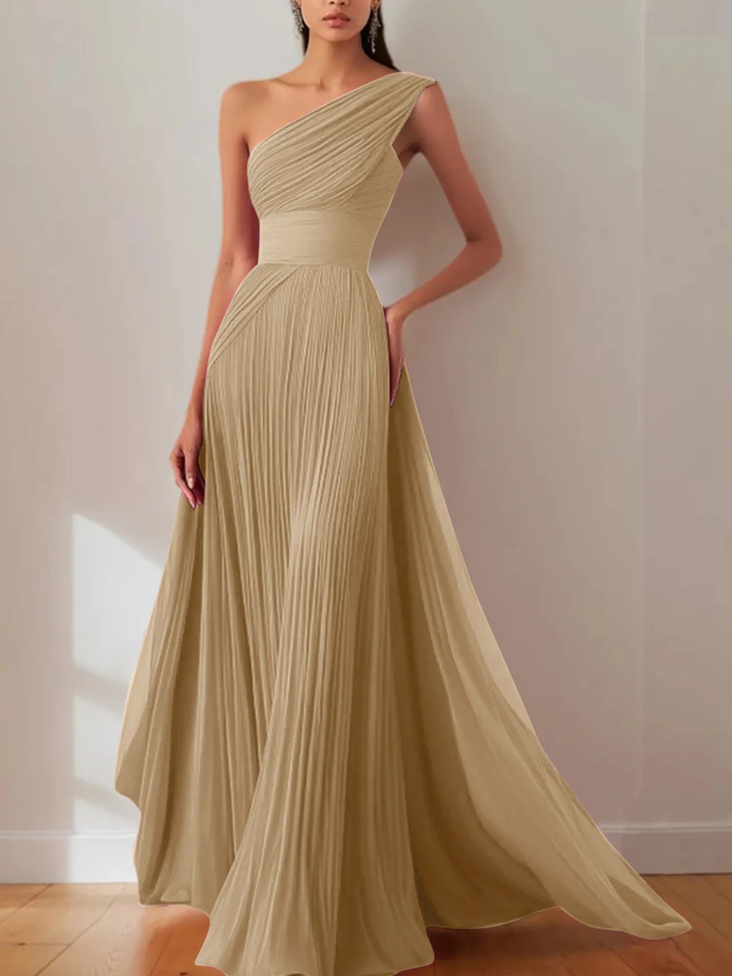 Prom Formal Pleated Dress Rose Color One-Shoulder Maxi Dress