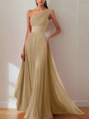 Prom Formal Pleated Dress Rose Color One-Shoulder Maxi Dress