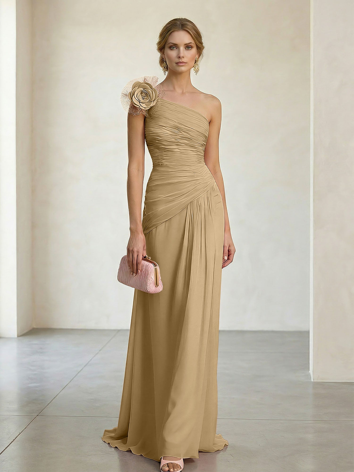 Blush Pink One-Shoulder Ruched 3D Floral Gown Dress