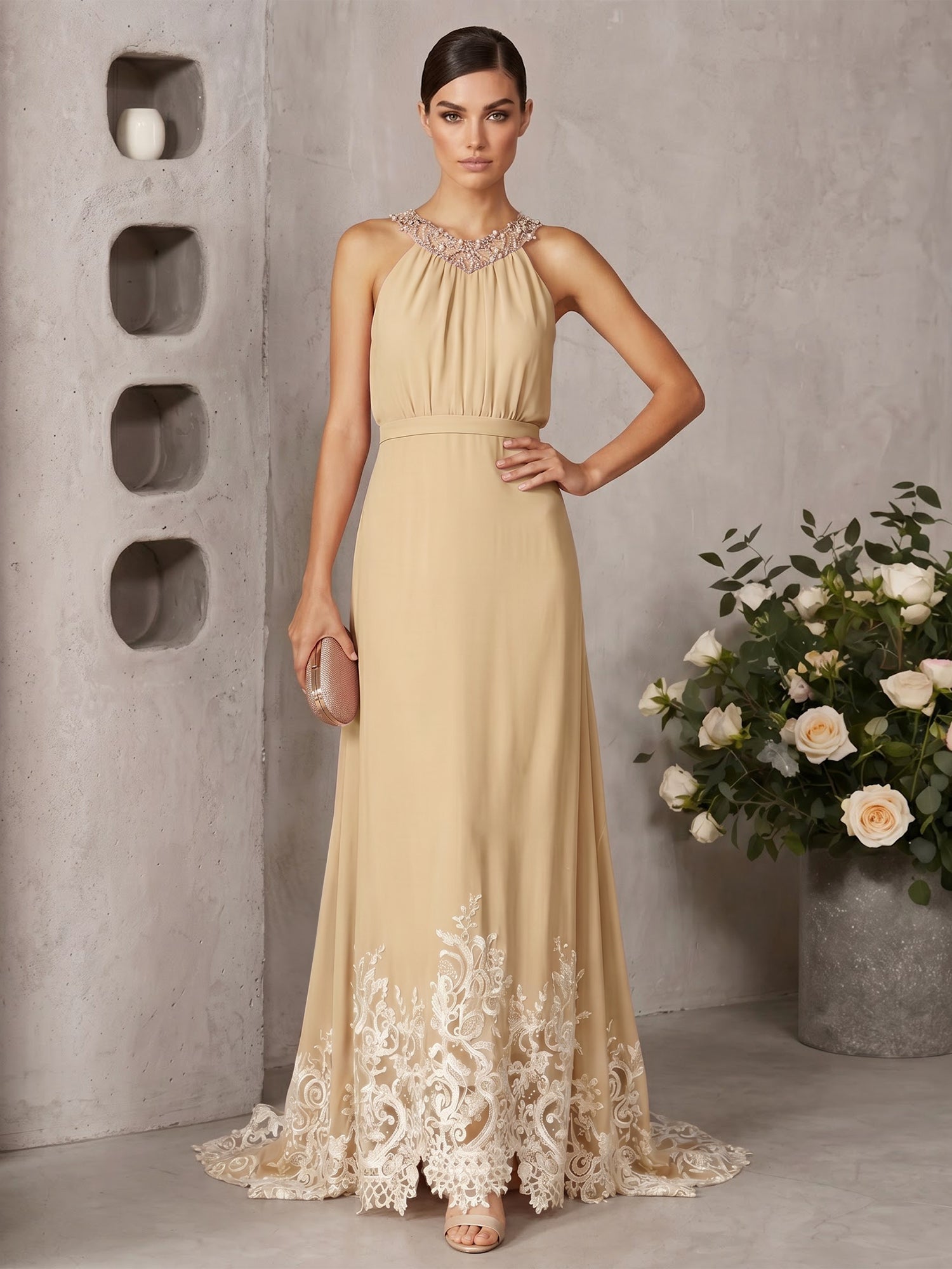 Pink Beaded Ruched Chiffon Halter Sleeveless A-Line Gown Maxi Dress