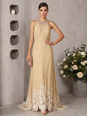Pink Beaded Ruched Chiffon Halter Sleeveless A-Line Gown Maxi Dress