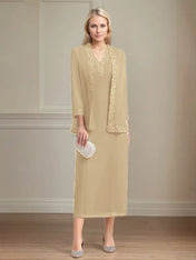 Sheath/Column Chiffon V Neck 3/4 Sleeves Tea Length Mother Of The Bride Dress