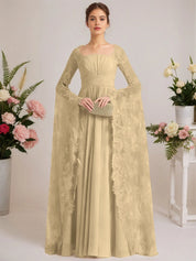 A-line Square Floor-Length Chiffon Lace Evening Dress With Beading Pleated