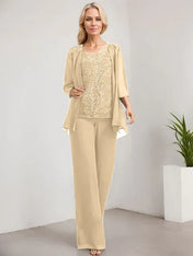Separates Jumpsuit/Pantsuit Scoop Floor-Length Lace Chiffon Mother of the Bride Dress With Sequins