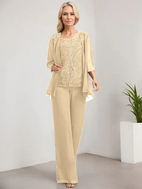 Pantsuit Scoop Floor-Length Lace Chiffon Mother of the Bride Dress With Sequins