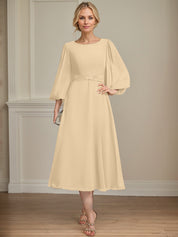A-line Scoop Tea-Length Chiffon Mother of the Bride Dress With Crystal Brooch Pleated