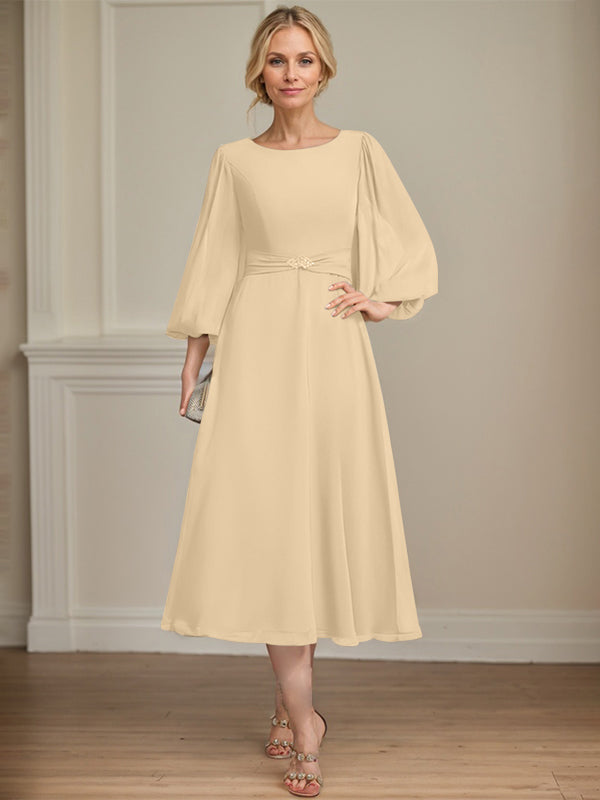 A-line Scoop Tea-Length Chiffon Mother of the Bride Dress With Crystal Brooch Pleated