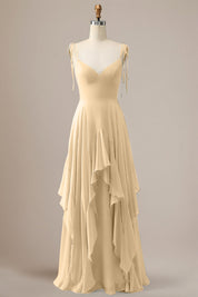 Elegant Dusty Blue A Line Spaghetti Straps Chiffon Long Bridesmaid Dress with Ruffles