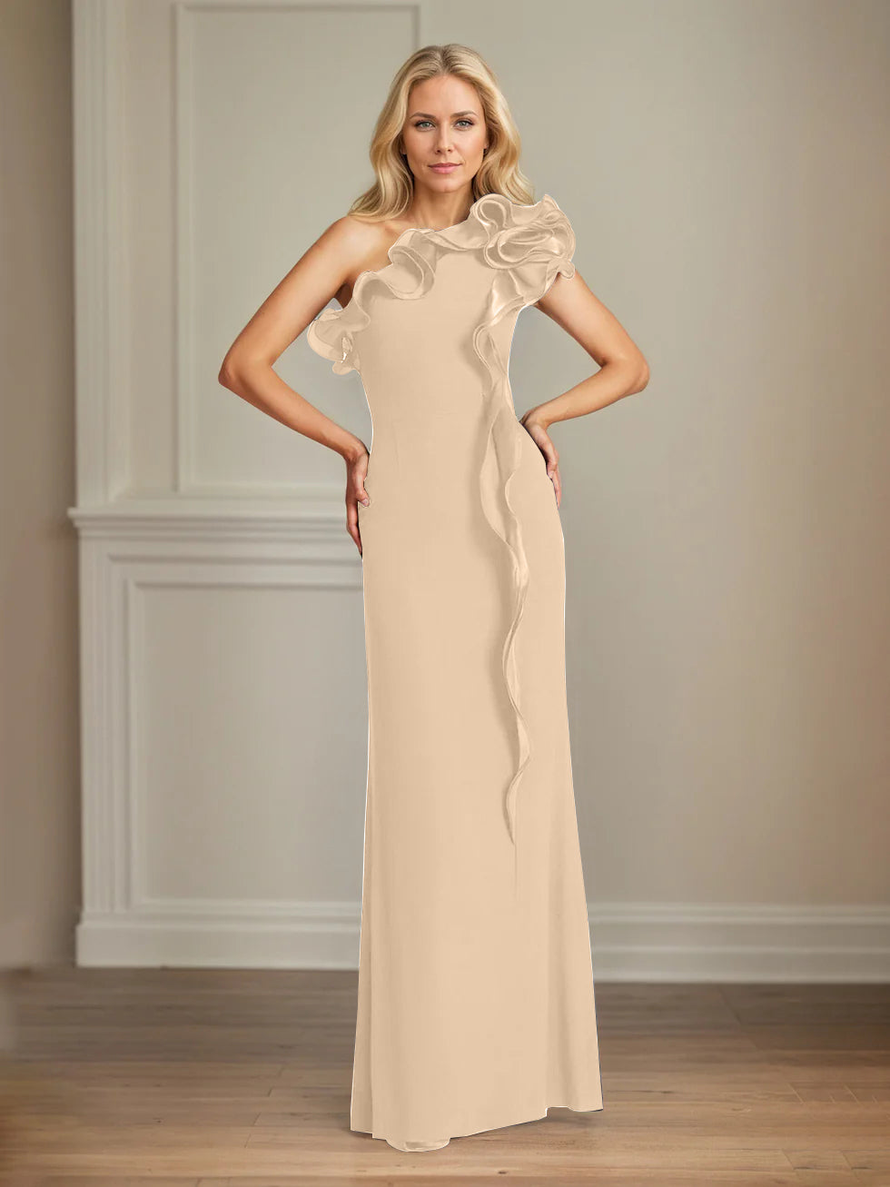 Column One Shoulder Floor Length Mother of the Bride Dresses With Ruffles