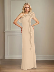 Navy Stretch Crepe Sheath/Column One Shoulder Floor Length Mother of the Bride Dresses With Ruffles