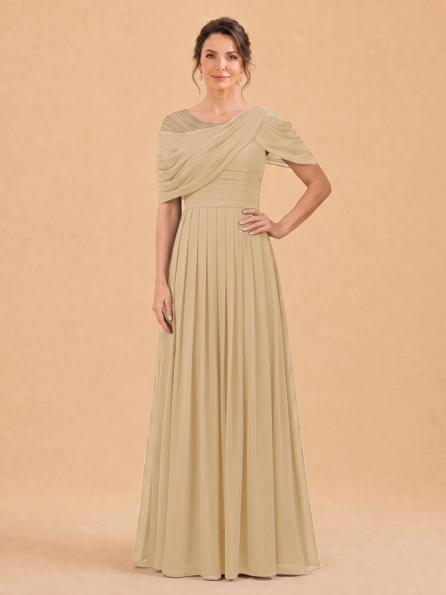 One-Shoulder Cape Overlay Chiffon Mother of the Bride Dress