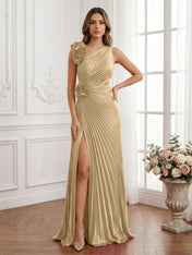 Olive Green Pleated One-Shoulder Prom Dress with 3D Rosettes