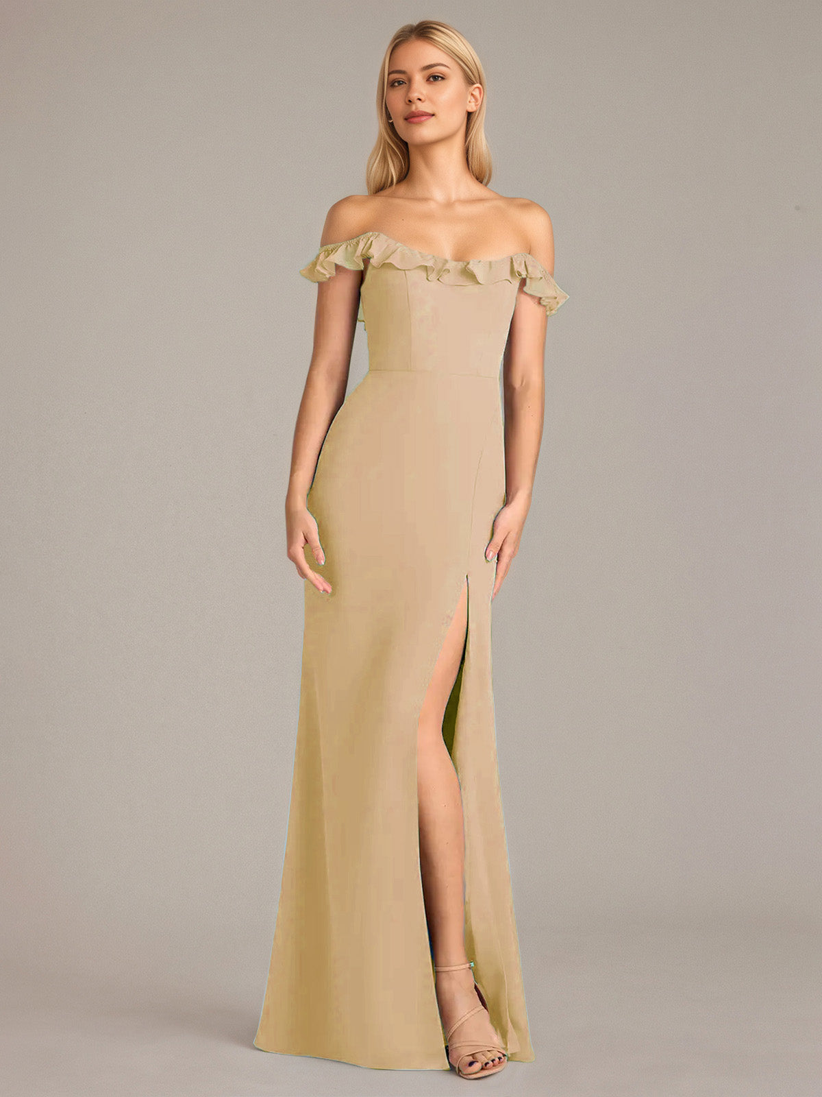 Column Chiffon Off The Shoulder Sleeveless Floor Length Dresses With Ruffles