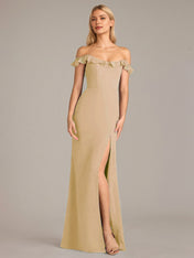 Sheath/Column Chiffon Off The Shoulder Sleeveless Floor Length Dresses With Ruffles