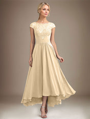 A-line Scoop Illusion Asymmetrical Lace Chiffon Mother of the Bride Dress With Pleated
