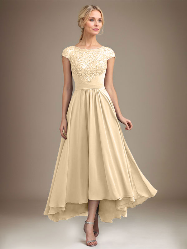 A-line Scoop Illusion Asymmetrical Lace Chiffon Mother of the Bride Dress With Pleated
