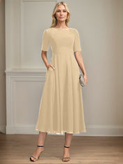 A-line Scoop Tea-Length Chiffon Mother of the Bride Dress With Appliques Lace Sequins