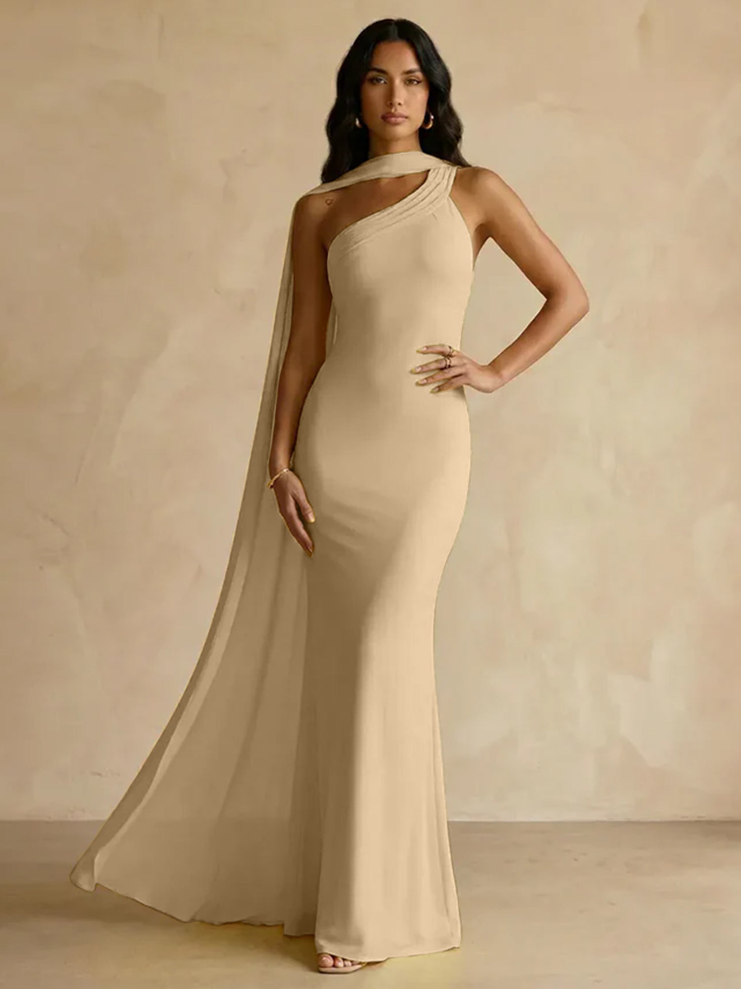 Yellow One-Shoulder Crepe Sheath Gown with Flowing Chiffon Cape Train
