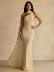 Yellow One-Shoulder Crepe Sheath Gown with Flowing Chiffon Cape Train