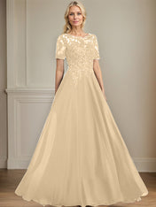 A-line Scoop Illusion Floor-Length Chiffon Lace Mother of the Bride Dress With Sequins Beading