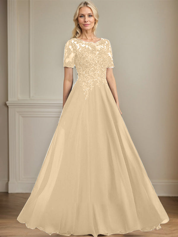 A-line Scoop Illusion Floor-Length Chiffon Lace Mother of the Bride Dress With Sequins Beading