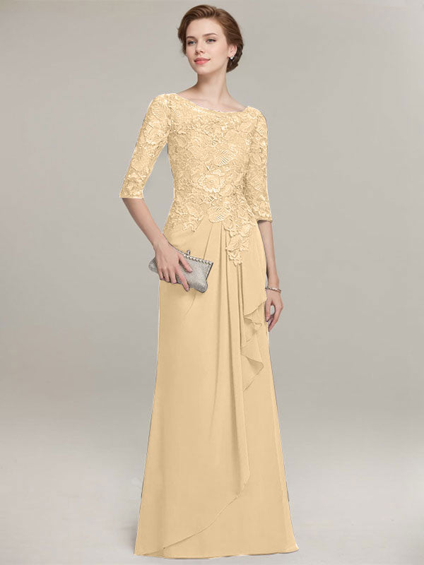 A-line Scoop Illusion Floor-Length Lace Chiffon Mother of the Bride Dress With Cascading Ruffles