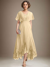 A-line V-Neck Asymmetrical Lace Chiffon Mother of the Bride Dress With Pleated
