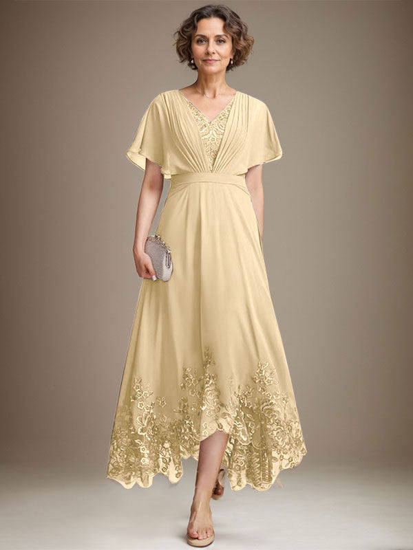 A-line V-Neck Asymmetrical Lace Chiffon Mother of the Bride Dress With Pleated
