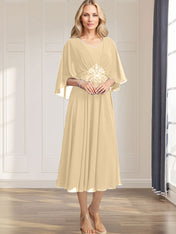 A-line V-Neck Tea-Length Chiffon Mother of the Bride Dress With Pleated Sequins Appliques Lace Beadind