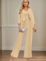 Elegant Simple Scoop Neck Floor Length Mother of the Bride Pantsuit Wedding Guest Dress