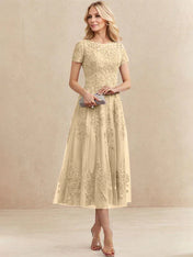 A-line Scoop Tea-Length Tulle Lace Mother of the Bride Dress