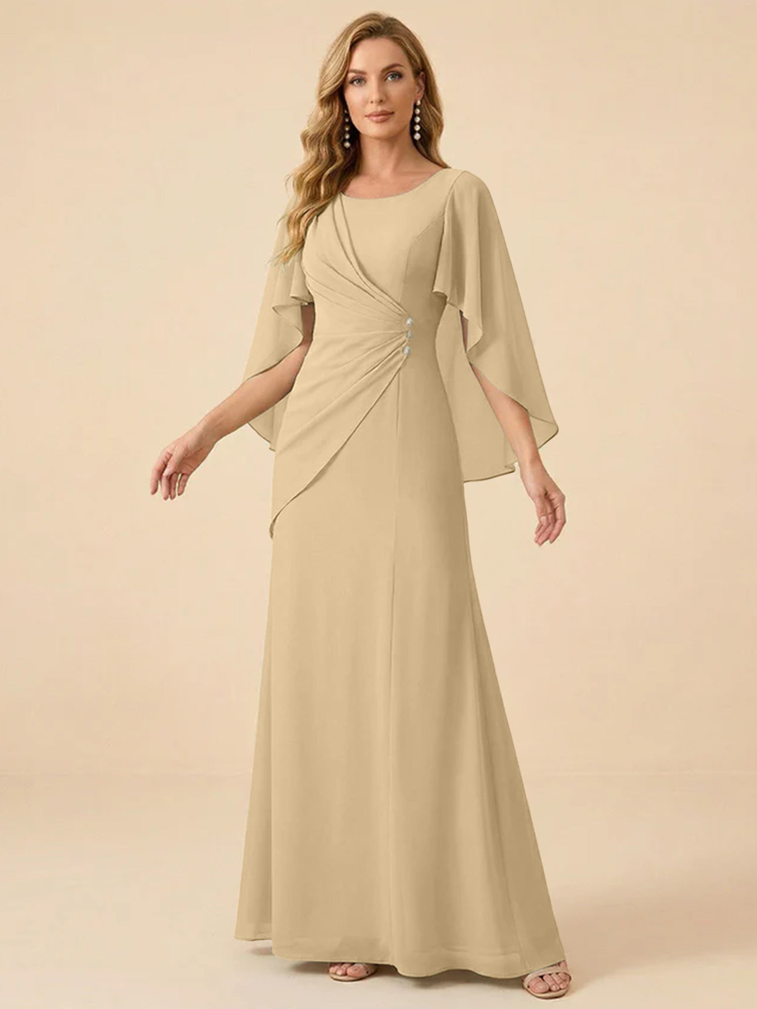 Sage Green Chiffon Beaded Mother of the Bride Dress with Cape Sleeves