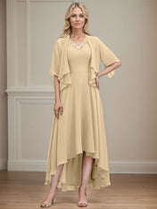 A-line V-Neck Asymmetrical Chiffon Mother of the Bride Dress With Beading Sequins