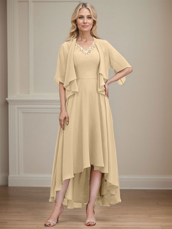 A-line V-Neck Asymmetrical Chiffon Mother of the Bride Dress With Beading Sequins