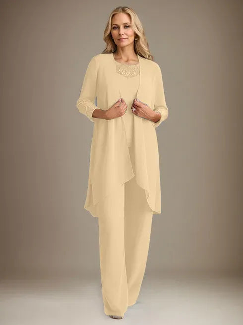 Chiffon Scoop Long Sleeves Mother Of The Bride Pantsuits With Jacket