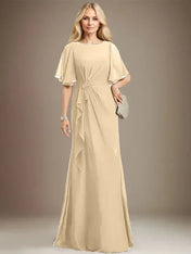 A-line Scoop Floor-Length Chiffon Mother of the Bride Dress With Cascading Ruffles Beading Sequins