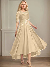 Robe de mère de la mariée asymétrique en mousseline de soie et dentelle, coupe trapèze, décolleté en V, illusion, avec paillettes 