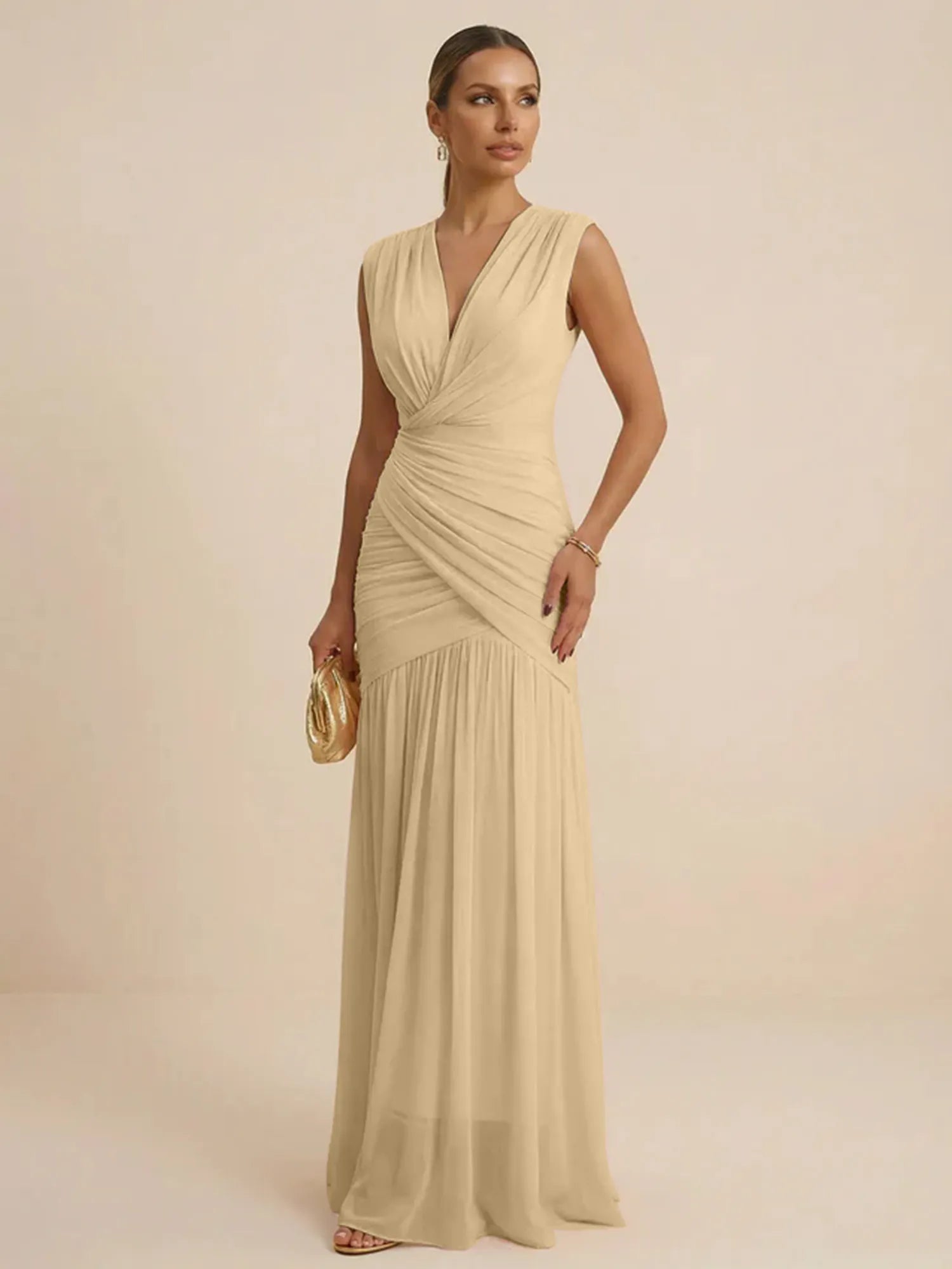 Pink Regular Straps V Neck Chiffon Pleat Mermaid Maxi Dress