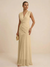 Pink Regular Straps V Neck Chiffon Pleat Mermaid Maxi Dress