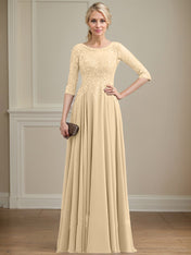A-line Scoop Illusion Floor-Length Lace Chiffon Mother of the Bride Dress With Sequins