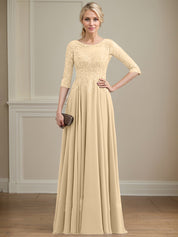 A-line Scoop Illusion Floor-Length Lace Chiffon Mother of the Bride Dress With Sequins