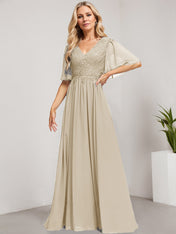 A-line V-Neck Floor-Length Lace Chiffon Mother of the Bride Dress With Sequins