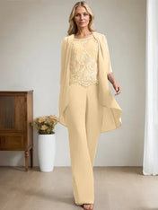 Separates Jumpsuit/Pantsuit Scoop Floor-Length Chiffon Lace Mother of the Bride Dress With Beading Sequins