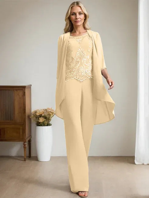 Pantsuit Scoop Floor-Length Chiffon Lace Mother of the Bride Dress With Beading Sequins