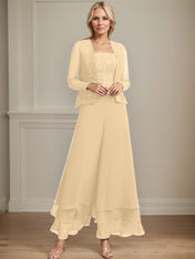 Separates Jumpsuit/Pantsuit Square Ankle-Length Lace Chiffon Mother of the Bride Dress With Sequins
