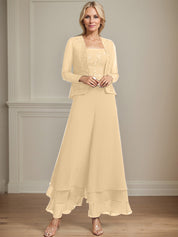Robe de mère de la mariée en mousseline de soie, longueur cheville, avec sequins, combinaison/tailleur carré 