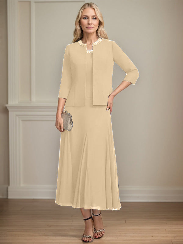 Separates A-line Scoop Tea-Length Chiffon Mother of the Bride Dress With Sequins Beading