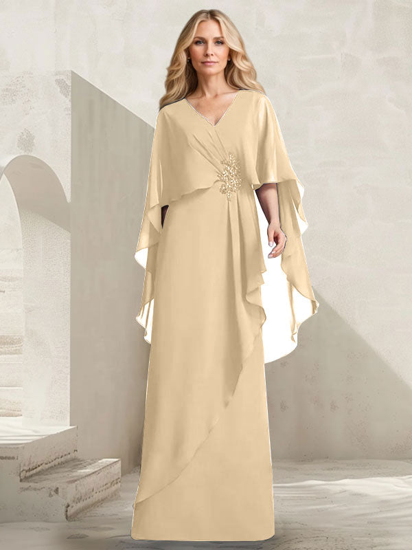 A-line V-Neck Floor-Length Chiffon Mother of the Bride Dress With Cascading Ruffles Beading