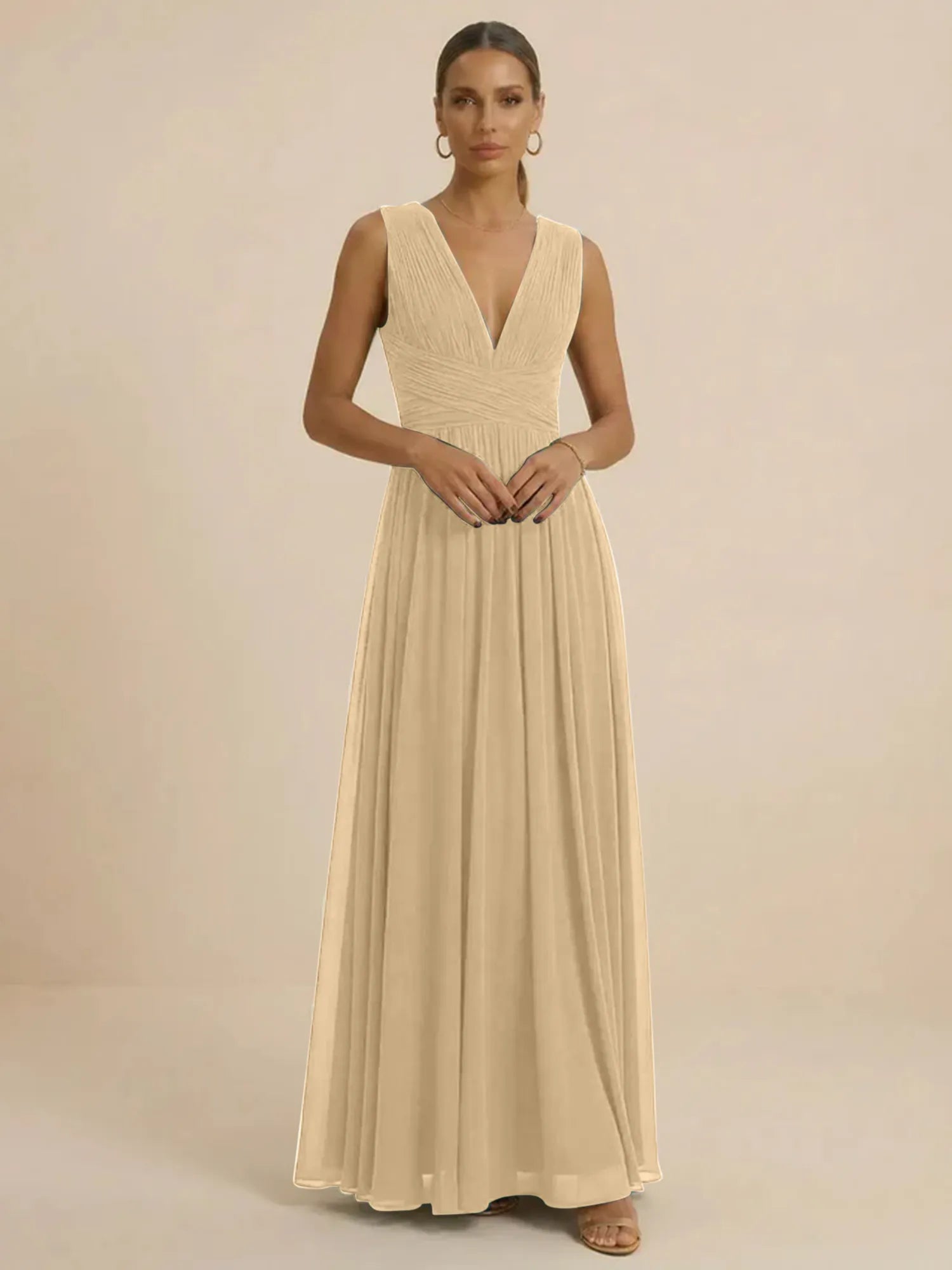 Teal Pleated V-Neck Chiffon Evening Gown with Ruched